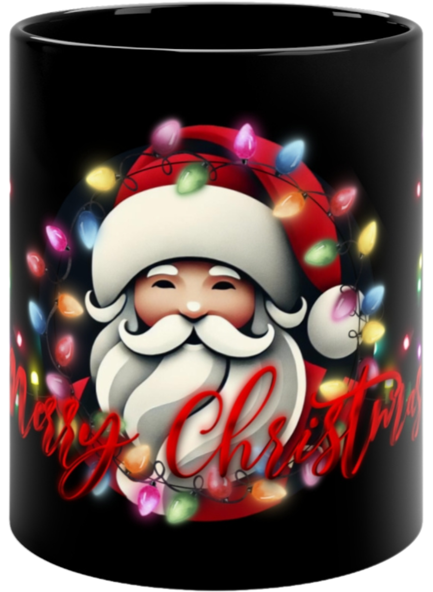 Black Santa Christmas mug featuring a cheerful Santa Claus surrounded by glowing colorful holiday lights and the text 'Merry Christmas.' Ideal for festive celebrations and gifting.