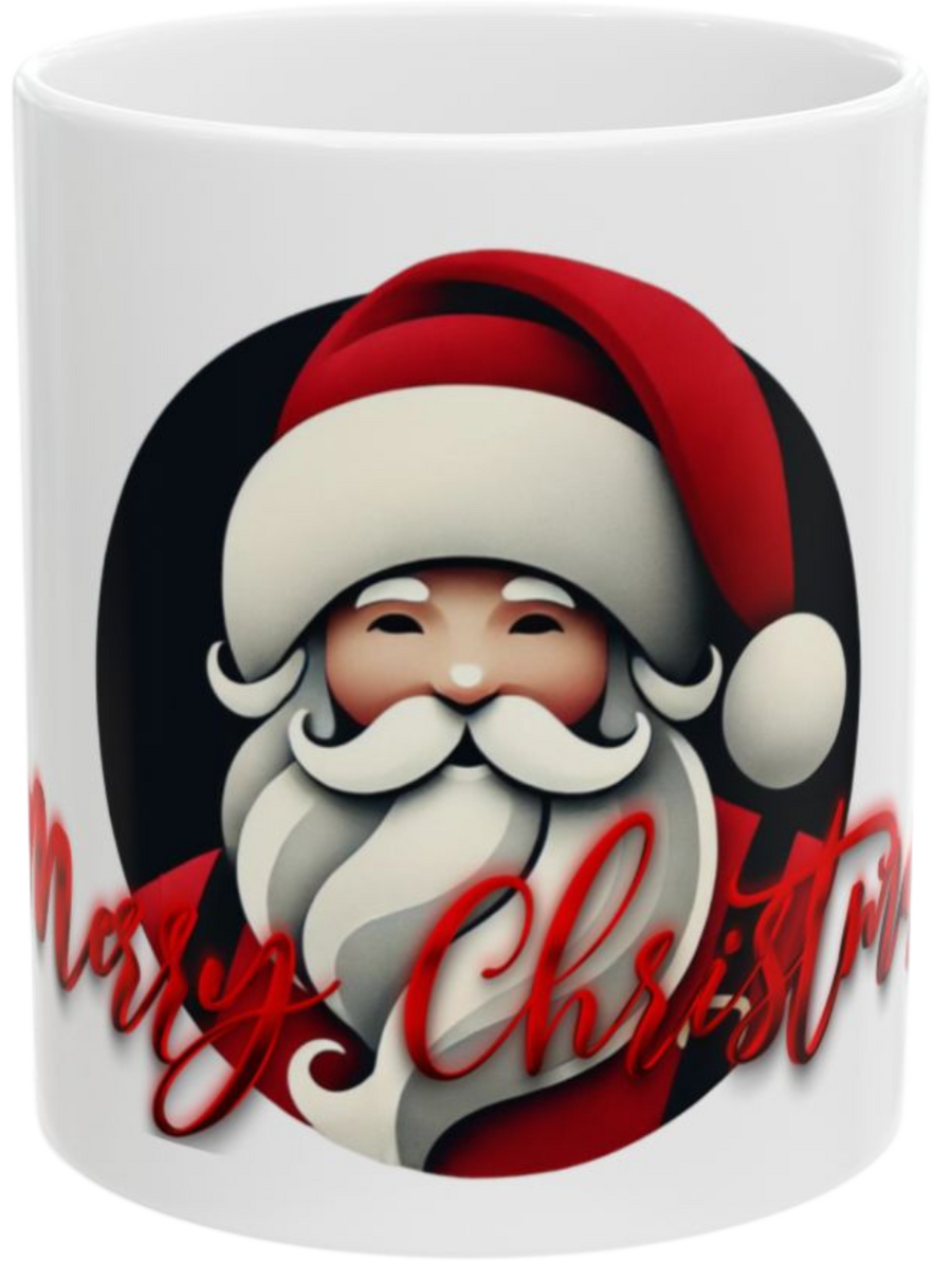 White Santa Christmas mug featuring a cheerful Santa Claus with a bold red hat and the text 'Merry Christmas.' Perfect for holiday drinks and festive gifting.