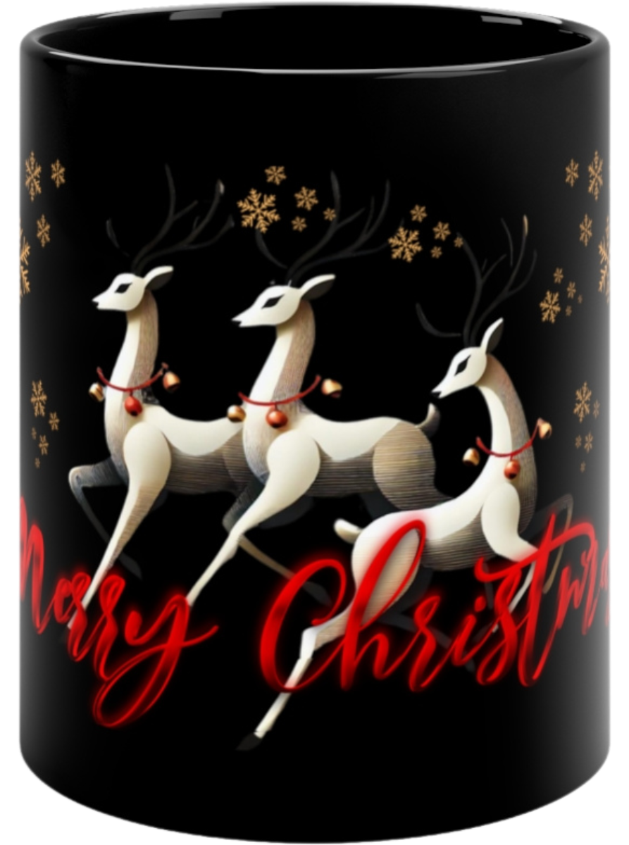 Black Christmas mug featuring elegant white reindeer in motion with golden snowflakes and the text 'Merry Christmas' in festive red. Perfect for cozy holiday beverages and seasonal gifting.