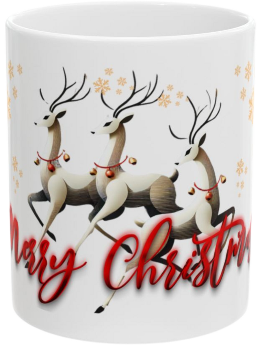 White Christmas mug featuring elegant white reindeer in motion with golden snowflakes and the text 'Merry Christmas' in festive red. A perfect addition for holiday drinks and gifting.