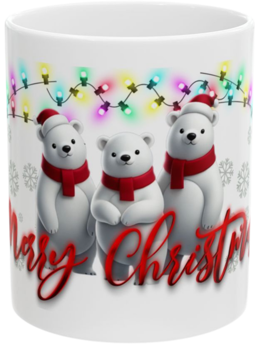 White Christmas mug featuring three adorable polar bears wearing red scarves, surrounded by colorful festive lights and snowflakes, with 'Merry Christmas' in red. Perfect for holiday drinks and gifting.