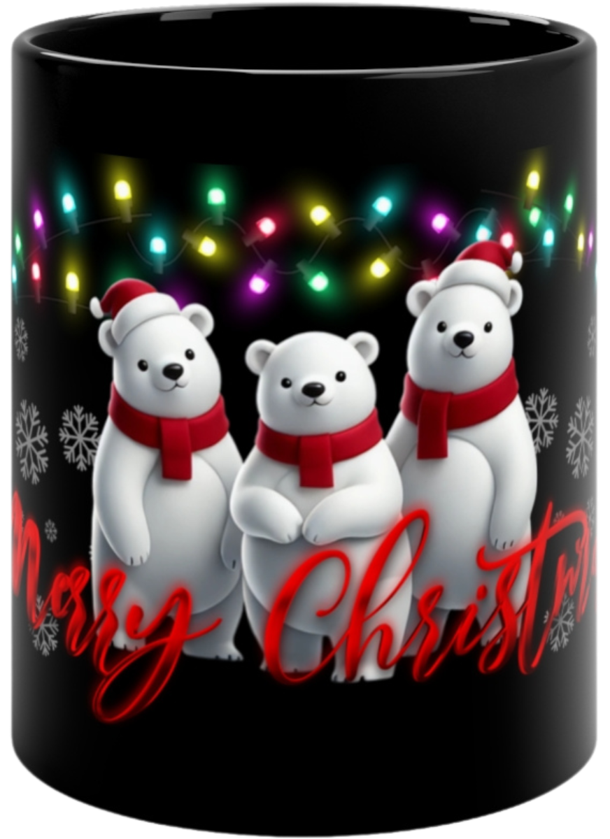 Black Christmas mug featuring three adorable polar bears with red scarves, surrounded by glowing festive lights and snowflakes, with 'Merry Christmas' in red. Perfect for holiday warmth and gifting.