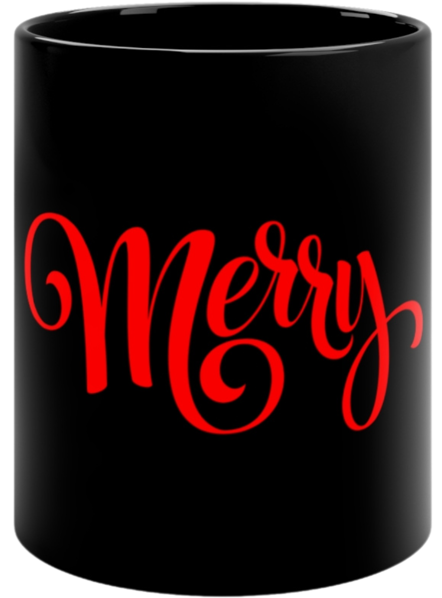 Black Christmas mug featuring the word 'Merry' in bold, elegant red script. A festive and stylish design perfect for holiday beverages and seasonal gifting.