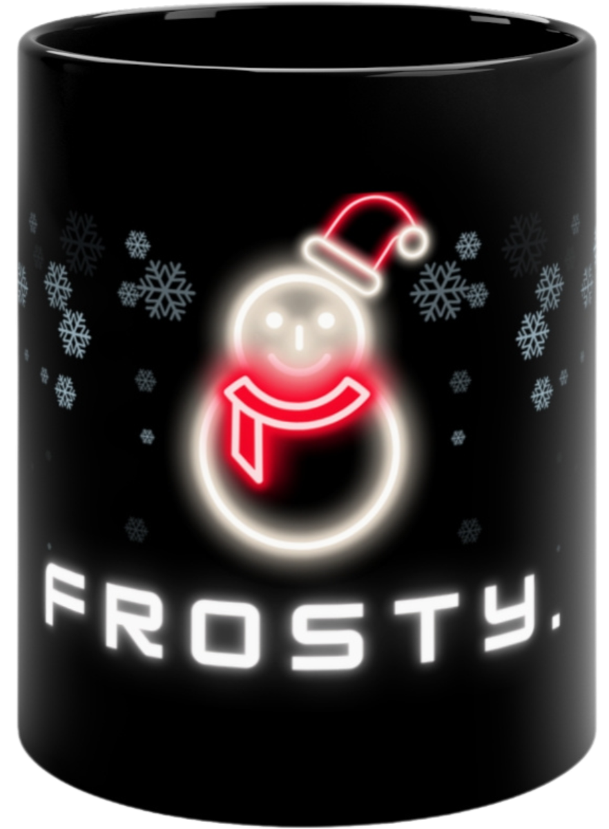 Black Christmas mug featuring a glowing neon snowman with a Santa hat, red scarf, and snowflake accents, alongside the word 'FROSTY' in bold neon text. A festive and modern holiday mug perfect for seasonal drinks and gifts.