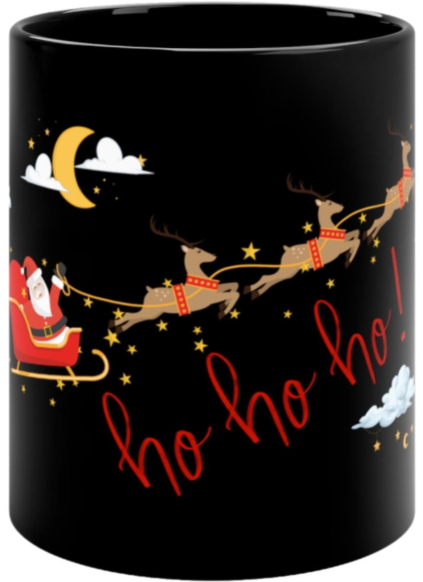 Black Santa Christmas mug featuring a cheerful Santa Claus in a sleigh, pulled by reindeer under a crescent moon and stars, with 'Ho Ho Ho!' in bold red text. Perfect for Christmas coffee, hot cocoa, or holiday gifting.
