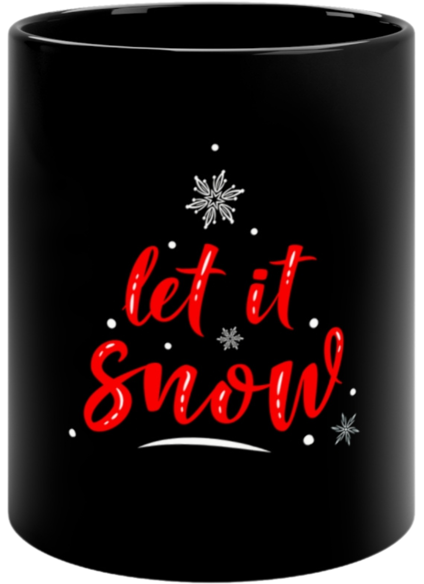 Black Christmas mug featuring the phrase 'Let It Snow' in bold red text, surrounded by snowflakes and festive accents. Perfect for cozy winter drinks and holiday celebrations.